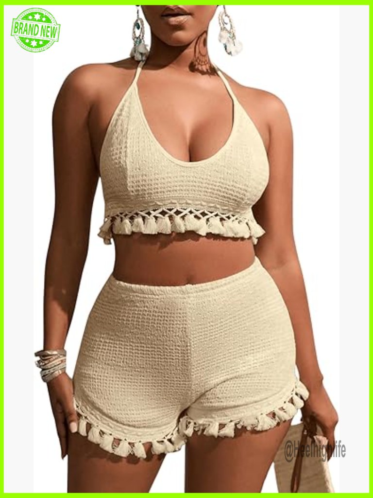 Backless Halter Crop Top And Shorts Set, Tassel Trim, Size Small